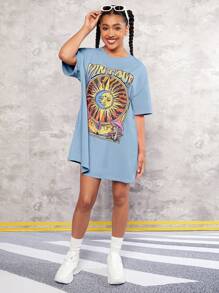 SHEIN 青少年女孩太陽&字母圖案落肩T恤連衣裙 - 淺藍色 - 查看 6