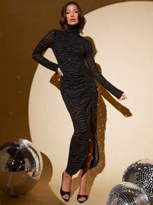 SHEIN Tall 斑馬條紋高領高衩網紗緊身洋裝 - 黑色 - 查看 4