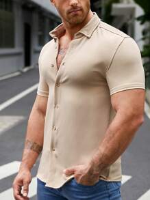 GENTILAND 男士素色前排扣襯衫 - 卡其色 - 查看 5