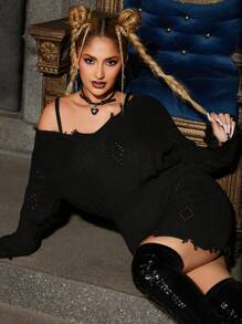 SHEIN SXY Chất rắn Đau khổ Cắt tỉa Đầm Áo len - màu đen - Xem 6