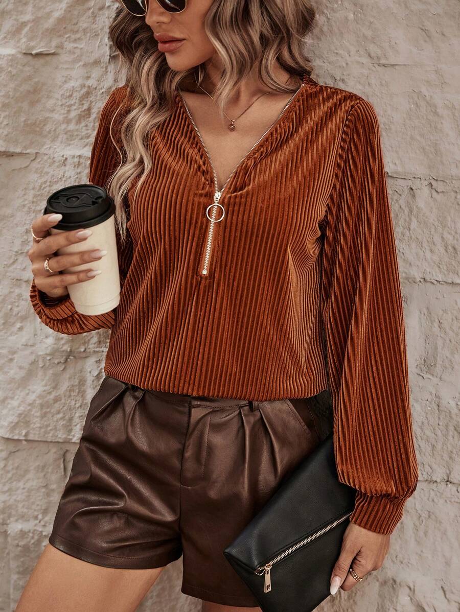 SHEIN LUNE Một nửa khóa kéo Tay áo lồng đèn Chi tiết O-ring Nhung Áo sơ mi - Cà phê nâu - Xem 1