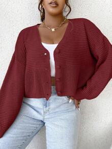 SHEIN Qutie Plus Drop Shoulder Ribbed Knit Cardigan - Red - View 4