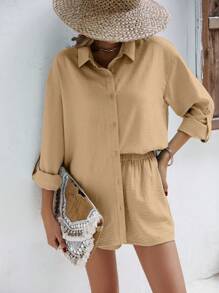 SHEIN Unity 纯色落肩亚麻衬衫和短裤 亚麻面料套装 返校服装 秋季女装 复古风格教师服装 商务女装 教师衬衫 - 卡其色 - 查看 6