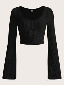 SHEIN EZwear Hơn Scoop Cổ tay áo lá sen Áo phông Crop - màu đen - Xem 1