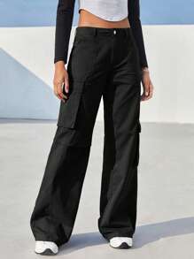 SHEIN EZwear Flap Pocket Side Cargo Pants - Black - View 5