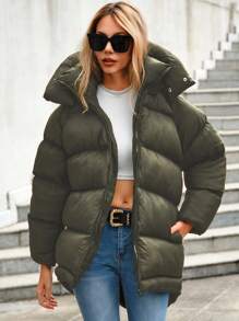 EURMUSE Zip Up Hooded Puffer Coat - Dark Green - View 5