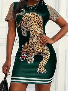 Contrast Paneled Short Sleeve Leopard Print Casual Dress - Green - View 3