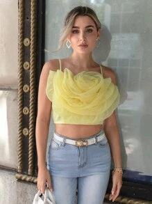 SHEIN Privé Floral Appliques Crop Cami Top - Yellow - View 5