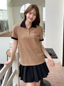 DAZY Heart Embroidery Contrast Collar Tee - Khaki - View 3
