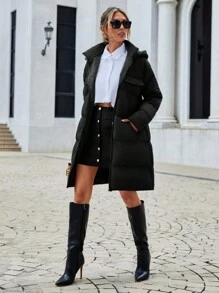 EURMUSE Zip Up Hooded Puffer Coat - Black - View 5