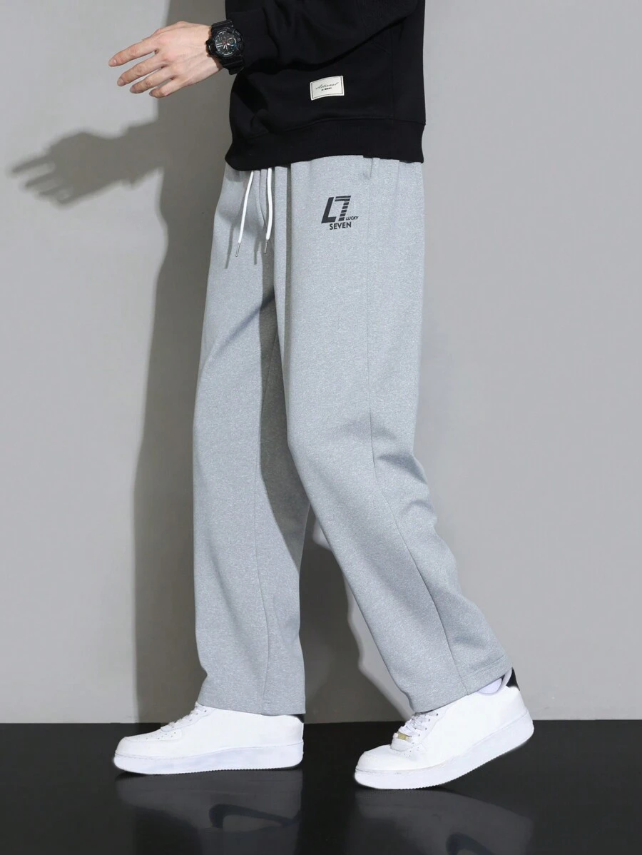 Men Letter Graphic Drawstring Waist Pants - Grey - View 1