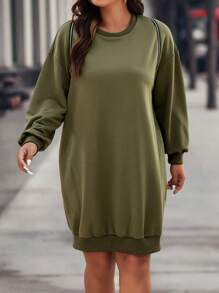 Calvaya Plus Zip Detail Cold Shoulder Sweatshirt Dress - Army Green - View 3