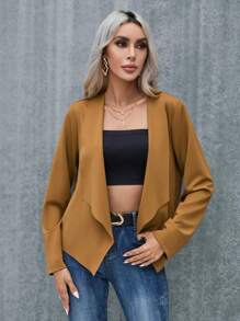 GENKIRA Solid Open Front Coat - Coffee Brown - View 4