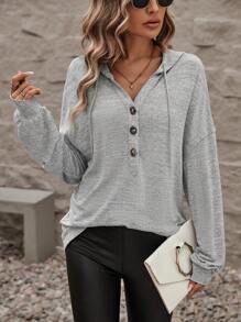 SHEIN LUNE 半鈕扣落肩抽繩連帽衫 - 灰色 - 查看 1