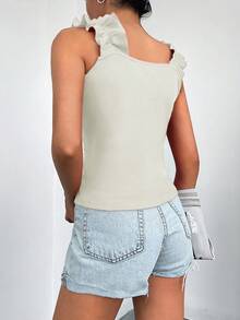 Cottnline Ruffle Trim Ribbed Knit Tank Top - White - View 2