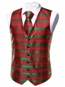Men Plus 1pc Christmas Jacquard Waistcoat & 1pc Tie & 1pc Handkerchief & 1pair Cufflinks - Red - View 4