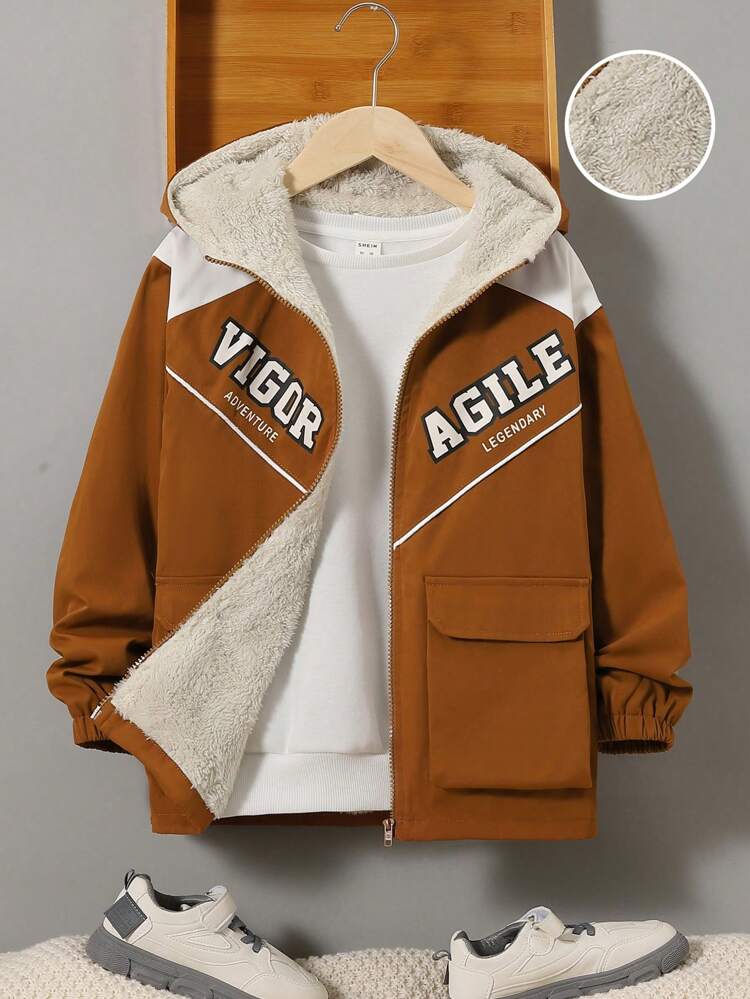 Tween Boy 1pc Letter Graphic Flap Pocket Thermal Lined Hooded Coat