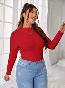 SHEIN Essnce Valentine's Day,Plus Solid Eyelet Embroidery Lettuce Trim Tee