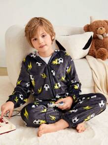 SHEIN Tween Boy Soccer Print Hooded Sleep Jumpsuit - Multicolor - View 5