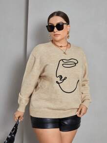 SHEIN Essnce Plus Figure Pattern Drop Shoulder Sweater Fall/Winter - Apricot - View 6