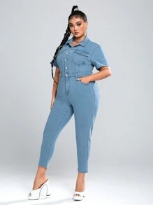 SHEIN ICON 加蓋袋正面鈕扣牛仔連身褲 - 淺色水洗藍 - 查看 1