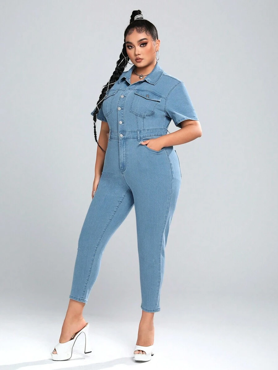 SHEIN ICON 加蓋袋正面鈕扣牛仔連身褲 - 淺色水洗藍 - 查看 1