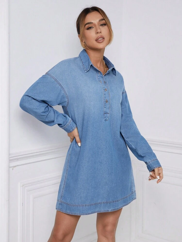 Drop Shoulder Half Button Denim Dress Winter Casual Blue