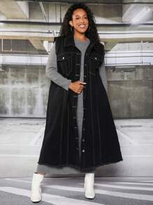 SHEIN CURVE+ 加蓋袋毛邊牛仔背心夾克 - 黑色 - 查看 1