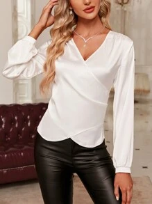 SHEIN Clasi 純色裹身正面緞面襯衫 - 白色 - 查看 5