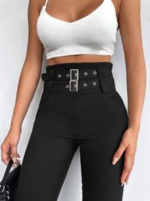 RueChic Double Buckle Belted Suit Pants - Black - View 4