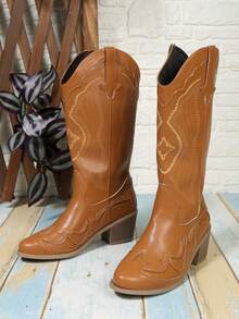 女式時尚歐美風大碼棕色休閒馬靴復古刺繡尖頭V型西部牛仔靴 - 棕色 - 查看 6