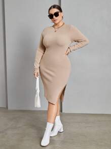 SHEIN Essnce Talla grande Vestido de punto ajustado de muslo con abertura tejido de canalé - Caqui - Ver 1
