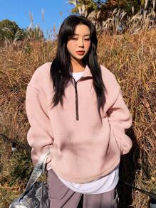 DAZY Letter Patched Detail Drop Shoulder Half Zipper Fleece Sweatshirt,Fall Women Clothes - Coral Pink - View 1
