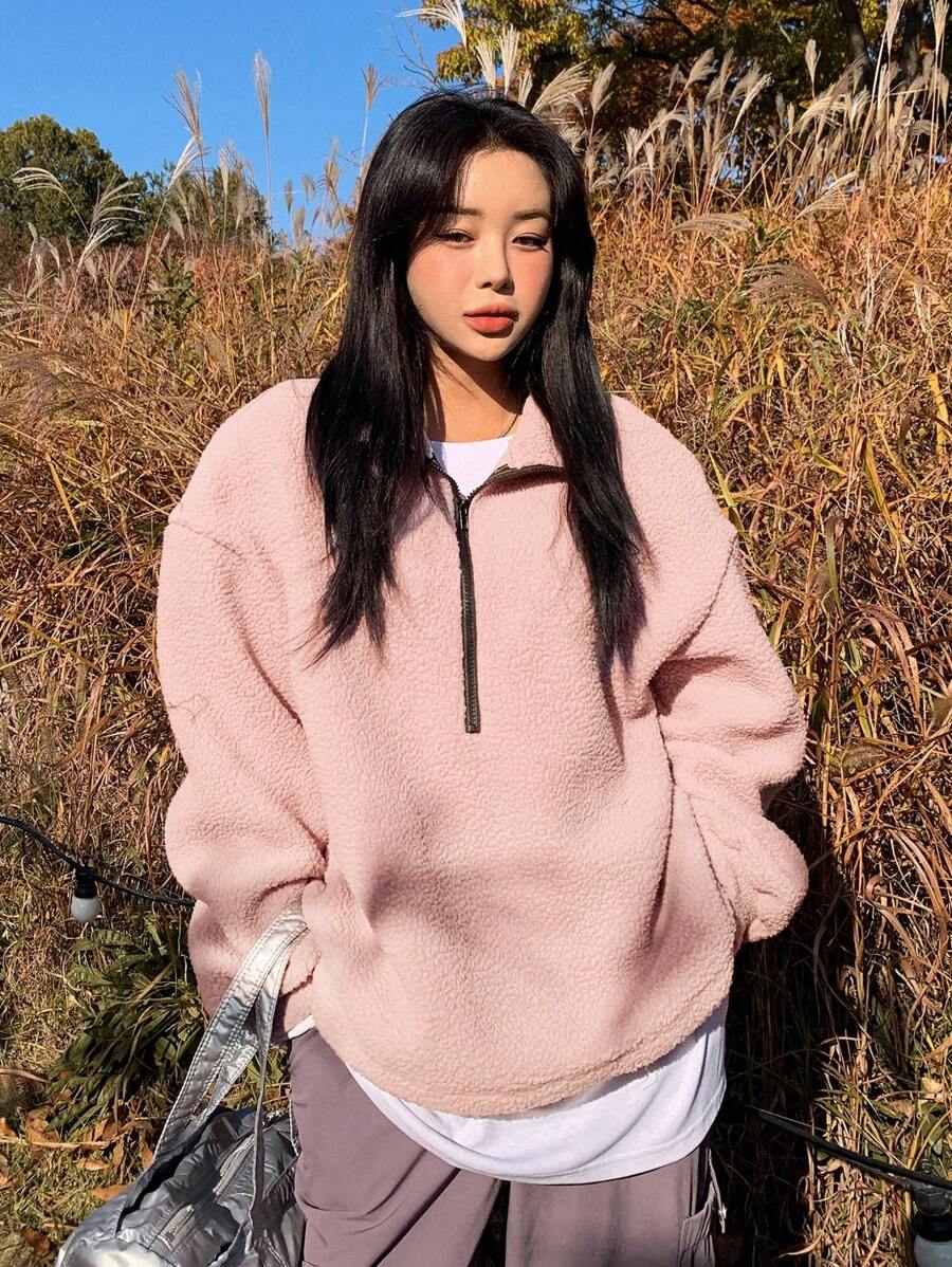 DAZY Letter Patched Detail Drop Shoulder Half Zipper Fleece Sweatshirt,Fall Women Clothes - Coral Pink - View 1