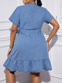 SHEIN Essnce Plus Ruffle Hem Belted Wrap Denim Dress - Light Wash - View 2