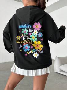 RueChic Floral & Letter Graphic Drop Shoulder Hoodie - Black - View 1