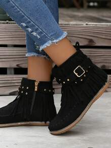 Fall/Winter Women's Round Toe Studded Fringe Side Zipper Flat Fashion Boots - Black - View 6