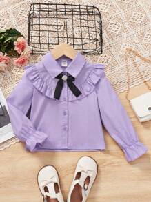 SHEIN Young Girl Ruffle Trim Flare Sleeve Bow Front Shirt - Purple - View 1