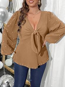 Celure Hơn Ngọc trai đính cườm Nút phía trước Tay áo lồng đèn Áo thun - Màu Khaki - Xem 5