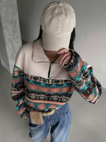 DAZY Geo Print Half Zip Drop Shoulder Sweatshirt Boho,Thermal Lined - Black and White - View 2