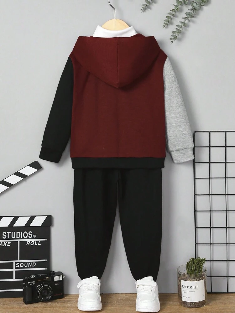 Young Boy Colorblock Zip Up Hoodie & Sweatpants With Tee