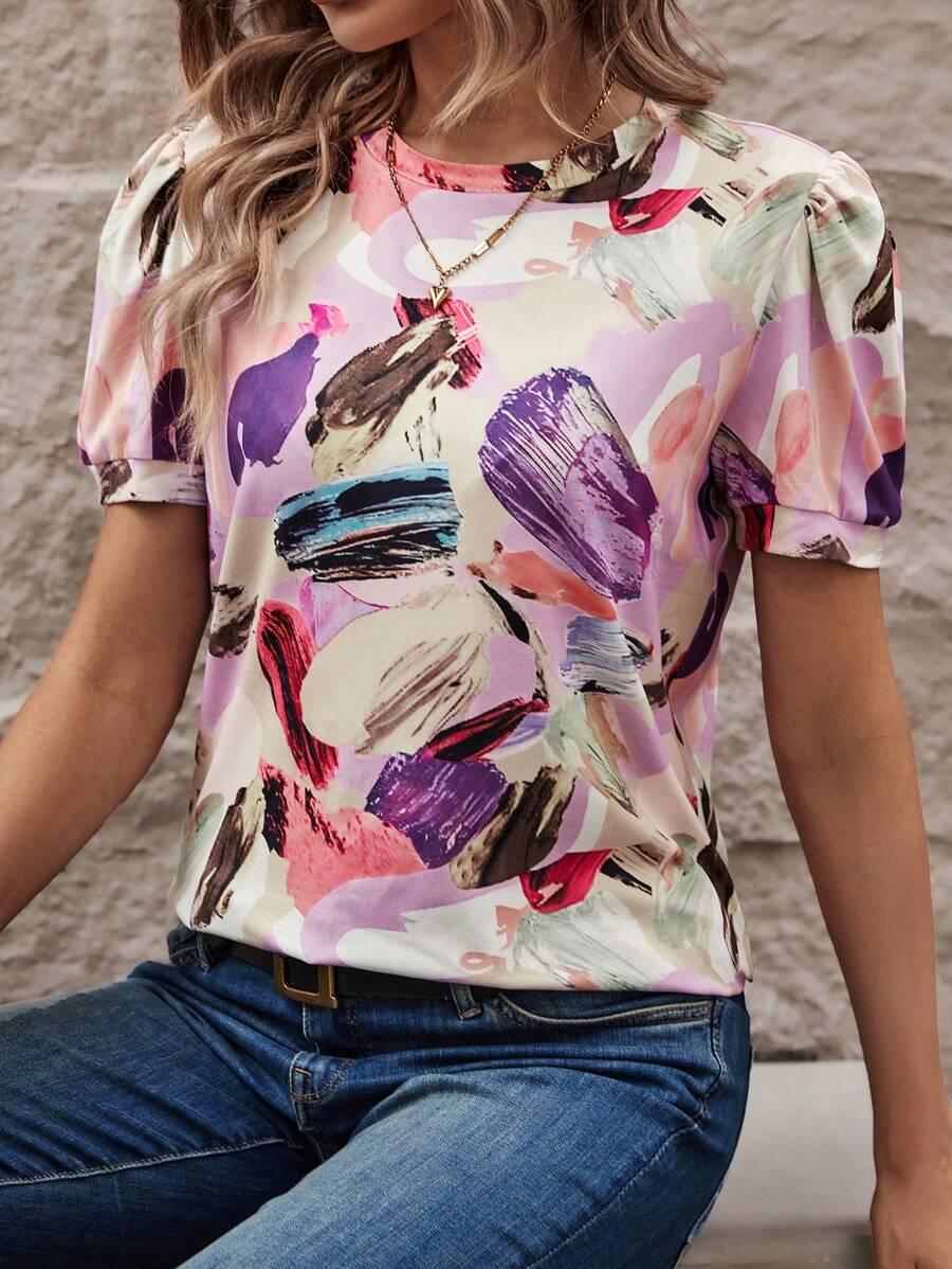 SHEIN LUNE 通體印花泡泡袖T恤 - 彩色 - 查看 1