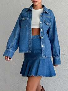 EURMUSE Flap Pocket Denim Jacket & Ruffle Hem Skirt - Medium Wash - View 5