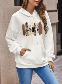 SHEIN LUNE Sudadera con capucha con cordón y bolsillo de canguro con estampado de letra - Blanco - Ver 5