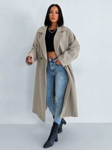 EURMUSE Lapel Neck Drop Shoulder Double Breasted Overcoat - Camel - View 4