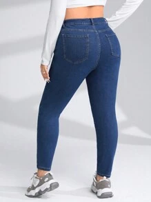 SHEIN EZwear Plus Zipper Fly Skinny Jeans - Dark Wash - View 2