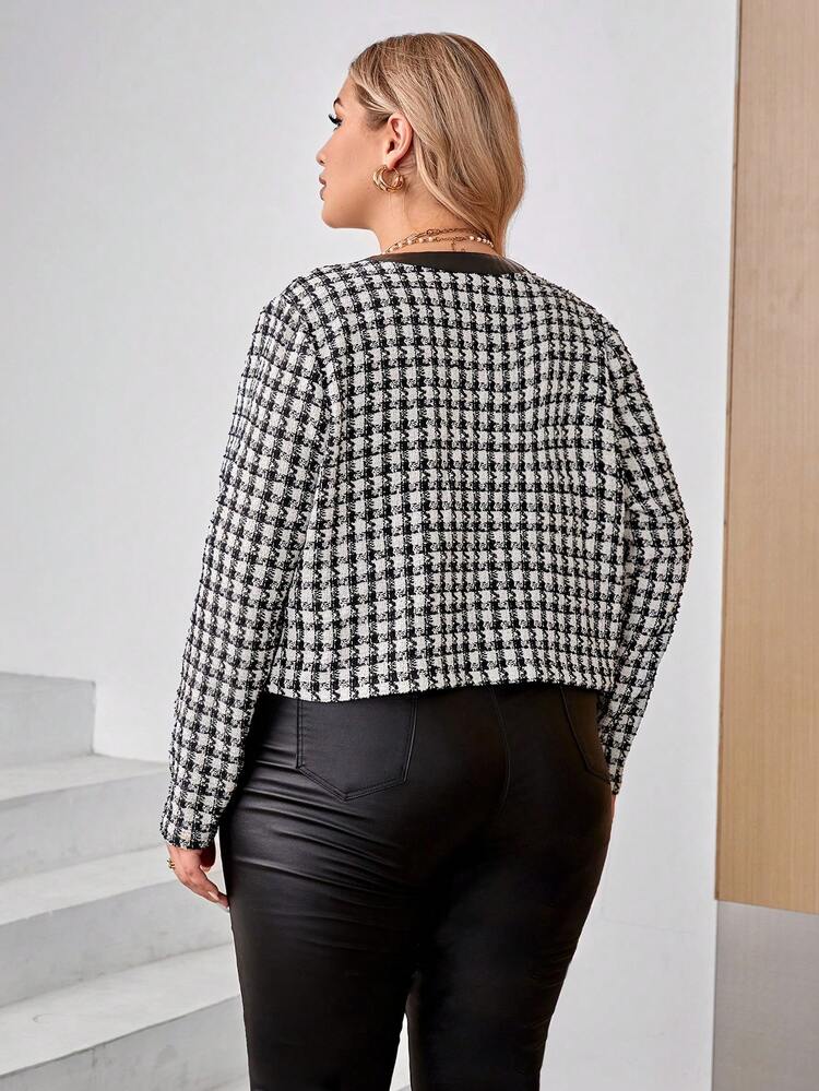 Plus Houndstooth Print Open Front Jacket Winter Fall Autumn