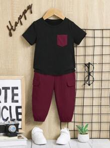 SHEIN Baby Boy Patched Pocket Tee & Flap Detail Pants - Multicolor - View 1