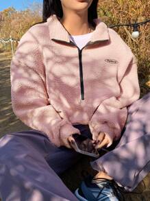 DAZY Letter Patched Detail Drop Shoulder Half Zipper Fleece Sweatshirt,Fall Women Clothes - Coral Pink - View 3