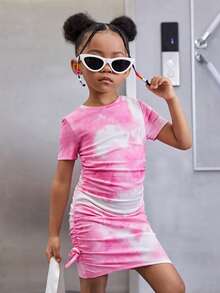 SHEIN Young Girl Tie Dye Ruched Side Dress - Watermelon Pink - View 4